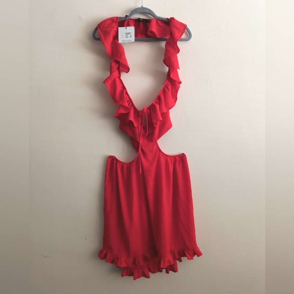 Missguided Cherry Red Ruffle Halter Open Back Cocktail Party Dress Size 12